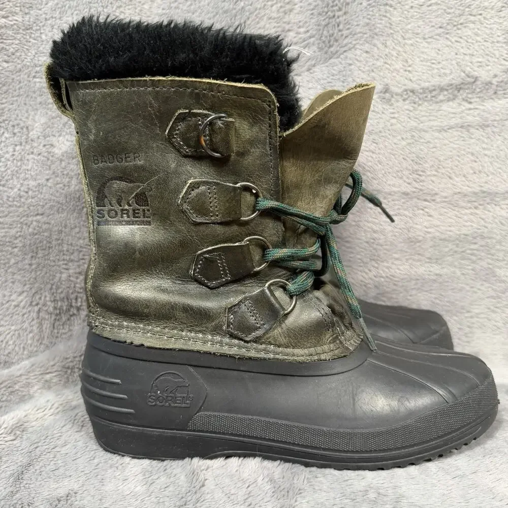 Sorel Badger Winter Boots Womens 7 Olive Leather Waterproof Snow Boots Canada